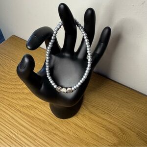 Glass Elastic Beaded Bracelet Gray Metal Silver Plated Lentils